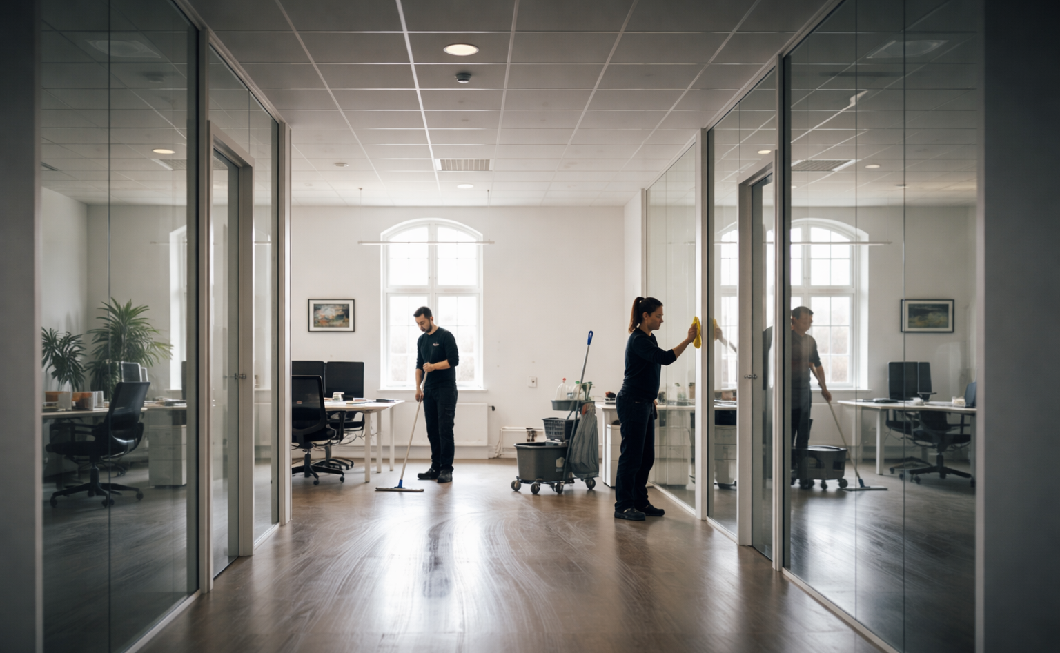 Hjem Two cleaers cleaning a modern office