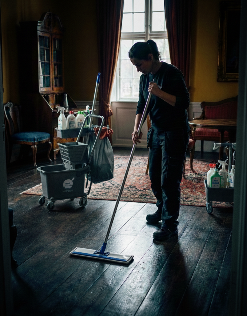 Cleaning a house A cleaning lady cleaning the floor.